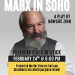 An actor dressed as Karl Marx with details about the event in text on February 24, 2026